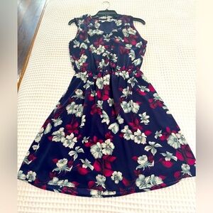 41Hawthorn Indigo Blue Floral Print Sheath Dress 1/2 Button Elastic Waist Sz S